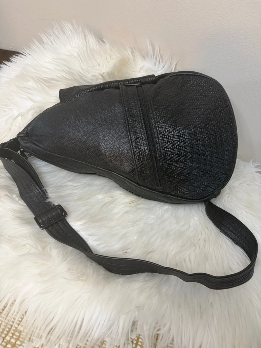 Black Textured Leather Sling Backpack for Men